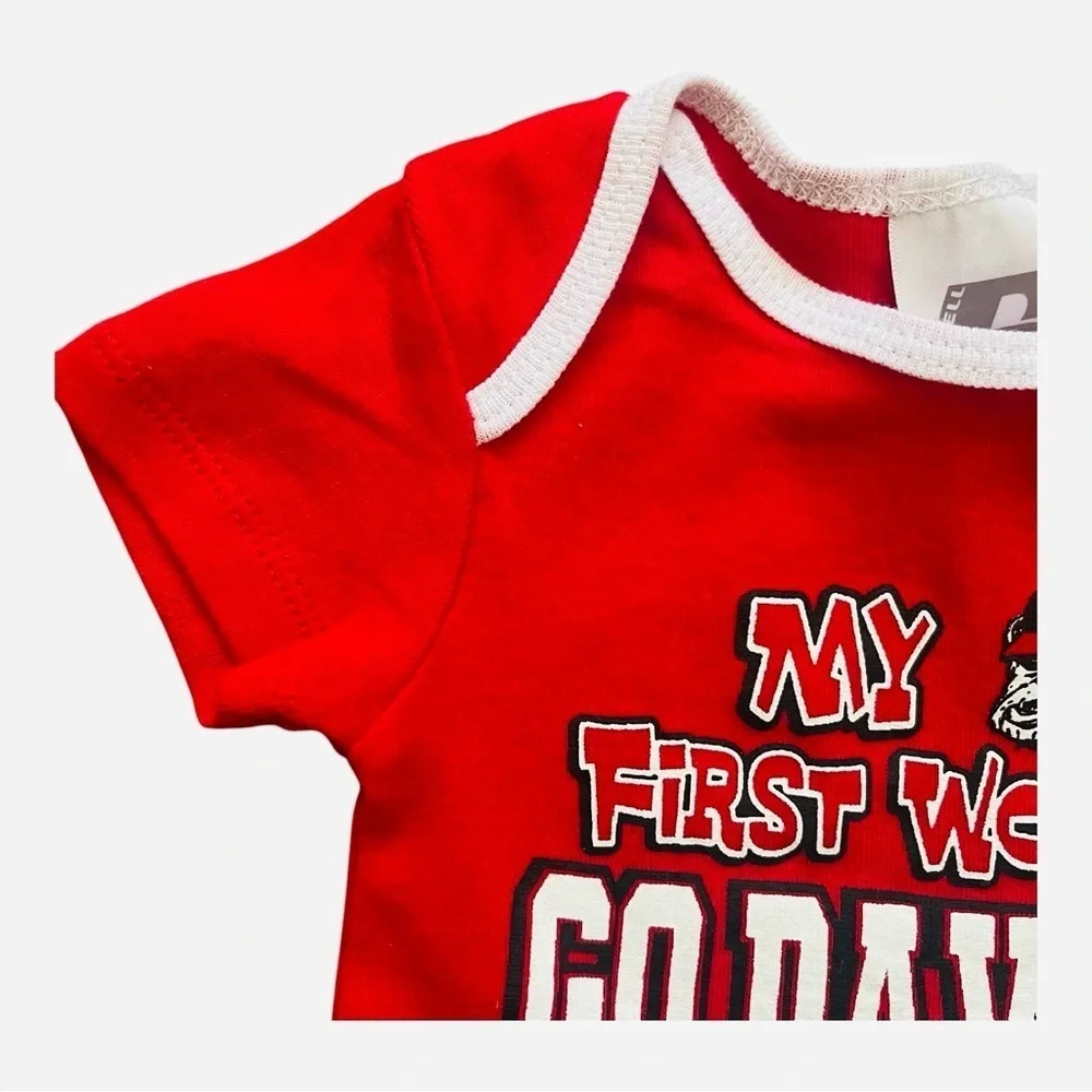 Russell R casual red one piece Unisex 3-6 M white trim snaps graphic design